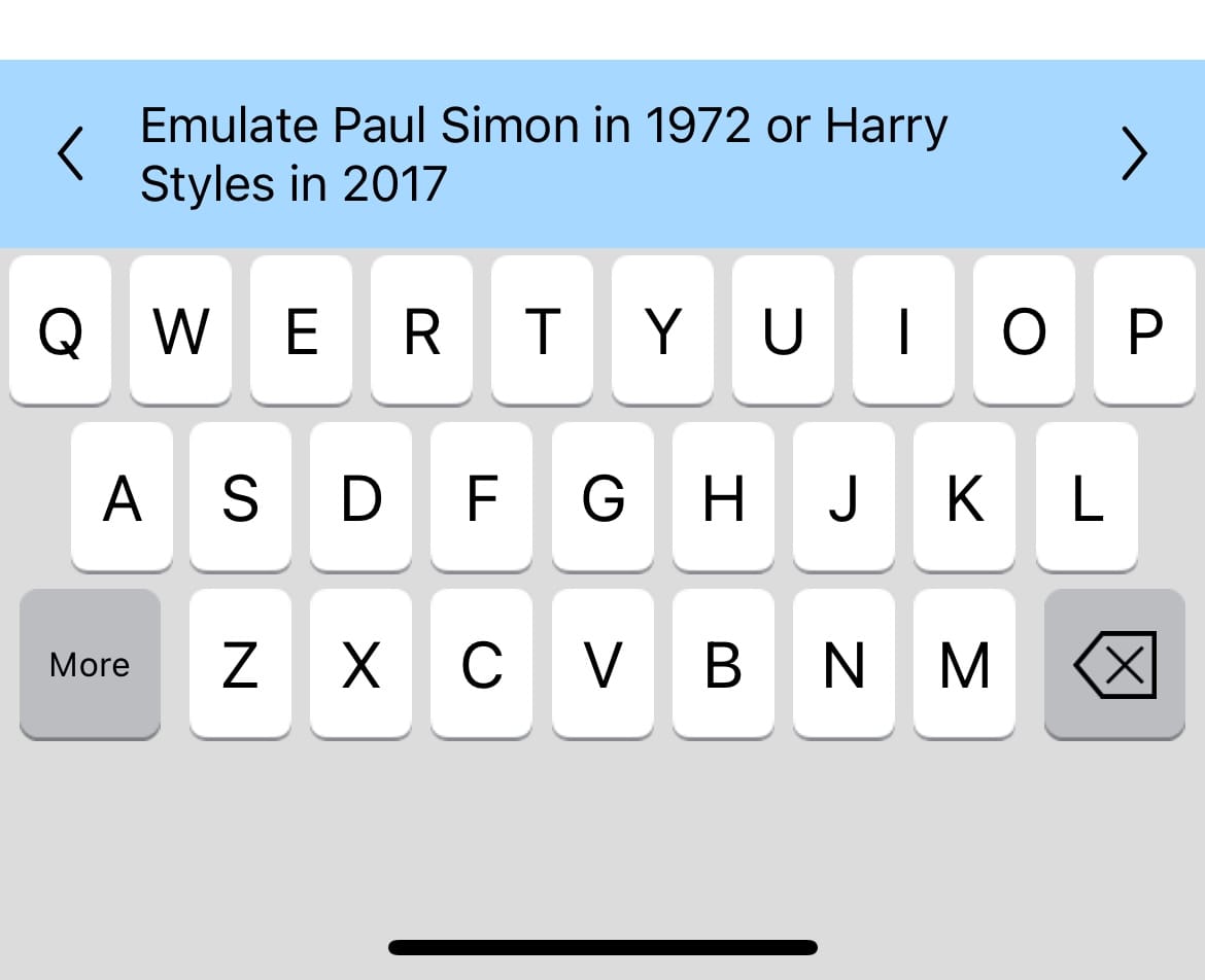 Keyboard interface of the NYT crossword showing the clue “Emulate Paul Simon in 1972 or Harry Styles in 2017”