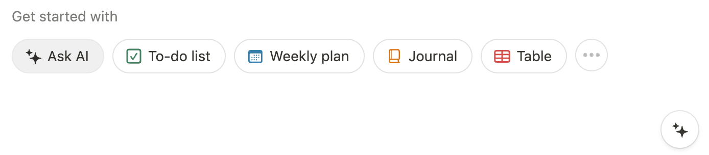 screenshot from Notion with round button options reading Get started with Ask AI, To-do list, Weekly plan, journal, Table. A small round button with sparkle emoji is in the bottom right hand corner.