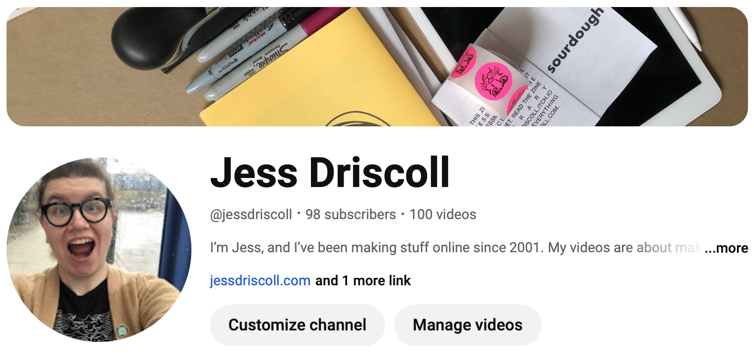 YouTube channel header for Jess Driscoll showing 98 subscribers and 100 videos posted