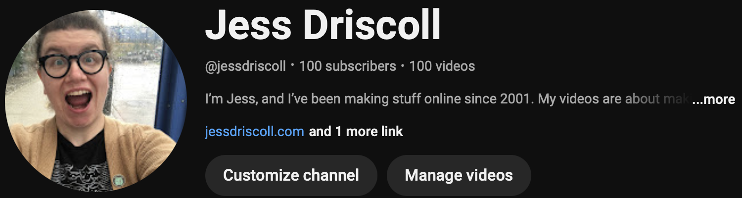 the same YouTube profile screenshot as above, but now in dark mode and with 100 subscribers