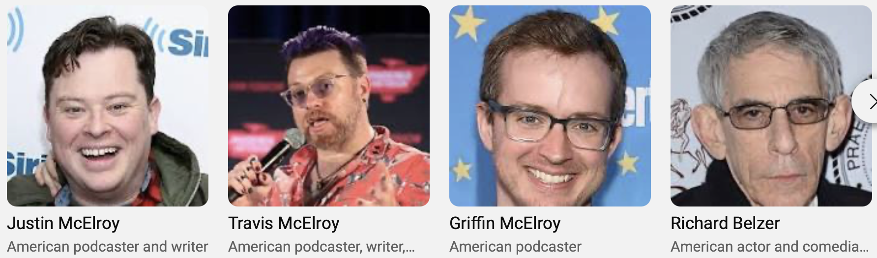 4 photos, cropped to headshots, with identifying captions. From left to right, Justin McElroy (smiling on the red carpet), Travis McElroy (holding a microphone), Griffin McElroy (smiling on the red carpet), Richard Belzer (not smiling on the red carpet)