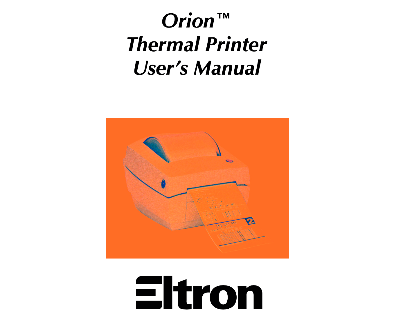 title page of orion thermal printer user manual. the image is a small receipt-style printer, but with a red filter over top