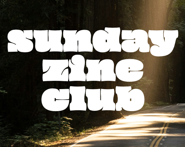 empty curving road in the woods with sunbeams. the text on top reads, sunday zine club